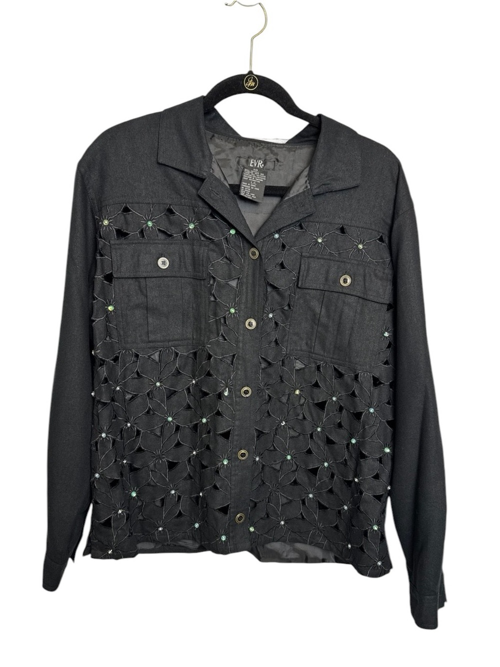 EVR Black flower laser cut whimsigoth jacket with buttons Large silk vtg 80s